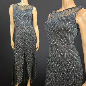 Y2K Black Silver Glitter Maxi Dress Size S Prom Party Sleeveless Stretch Mermaid